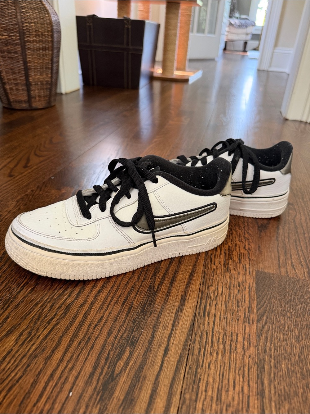Retro Nike Air Force 1’s Youth White Sneakers with Black Trim and Laces